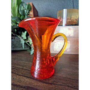 Vintage Rainbow Glass Amberina Pitcher w/ Handle – 4.75" Crackle Hand Blown